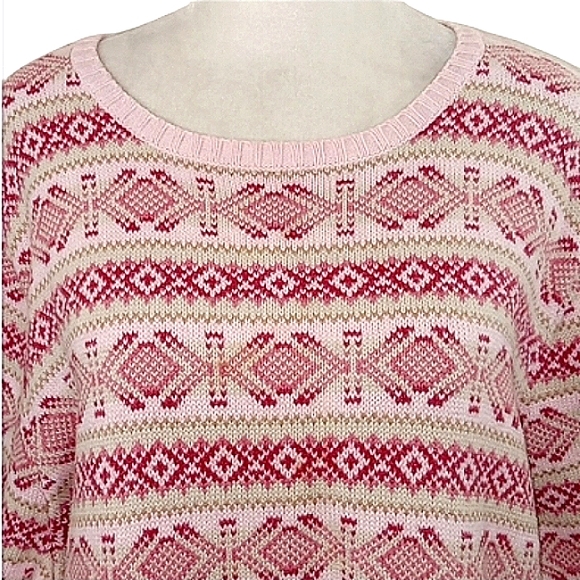 L.L. Bean Vintage Sweater Pink Tan Fair Isle Ribbed Cotton Knit Oversized - Picture 5 of 14